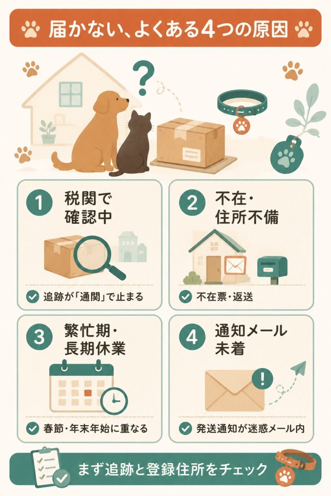 荷物が届かない主な4つの原因を整理した図解
