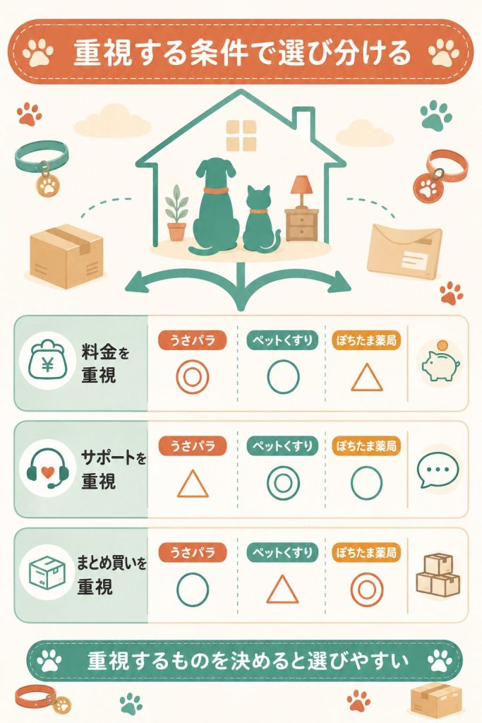 重視する条件ごとに合う個人輸入代行サービスを整理した選び分け図