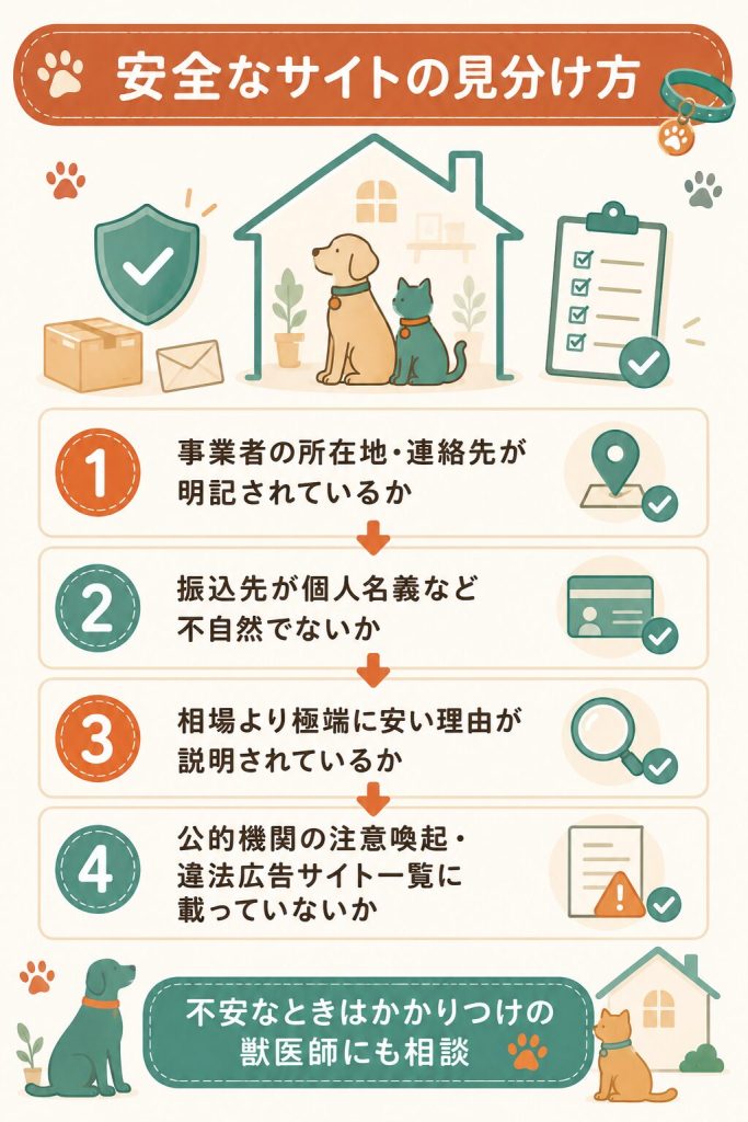 安全な個人輸入サイトを見分ける4つのチェック項目の図
