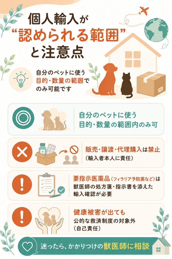 個人輸入が認められる範囲と要指示医薬品の処方箋・輸入確認を整理した図解